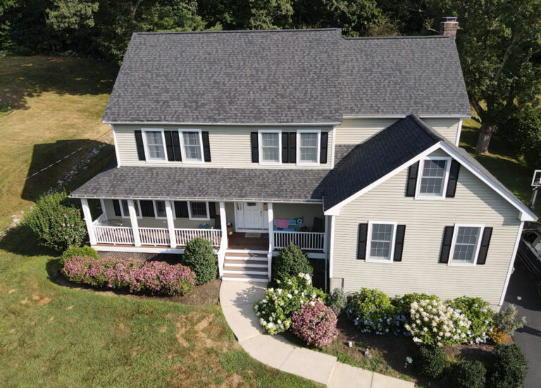 Aerial view of a residential roofing system on a two-story home in Boston, MA.