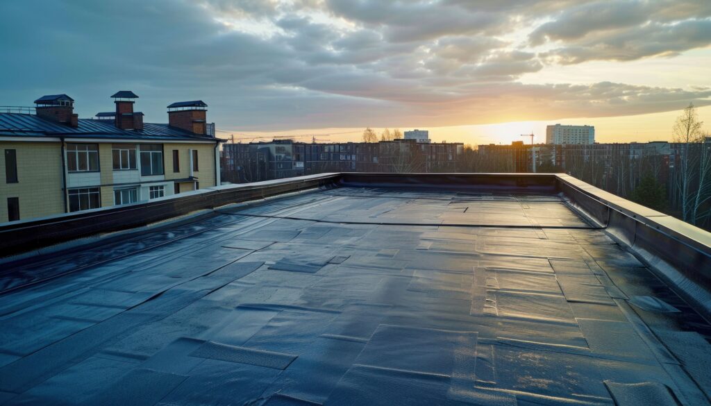 Flat rooftop with waterproof membrane surface, illustrating commercial roof types and protective roofing materials