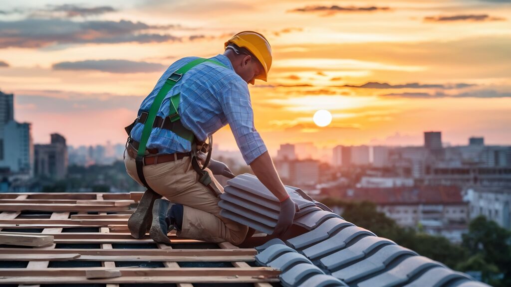 Roofer laying roof tiles at sunset, performing professional new roof installation on residential home