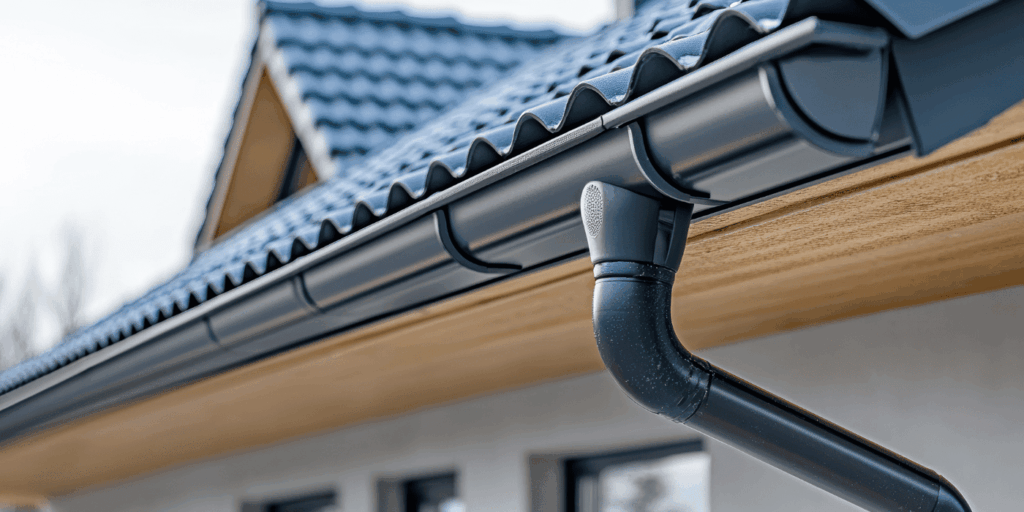 Modern dark gray aluminum gutter material with downspout installed on tile roof showing popular gutter types