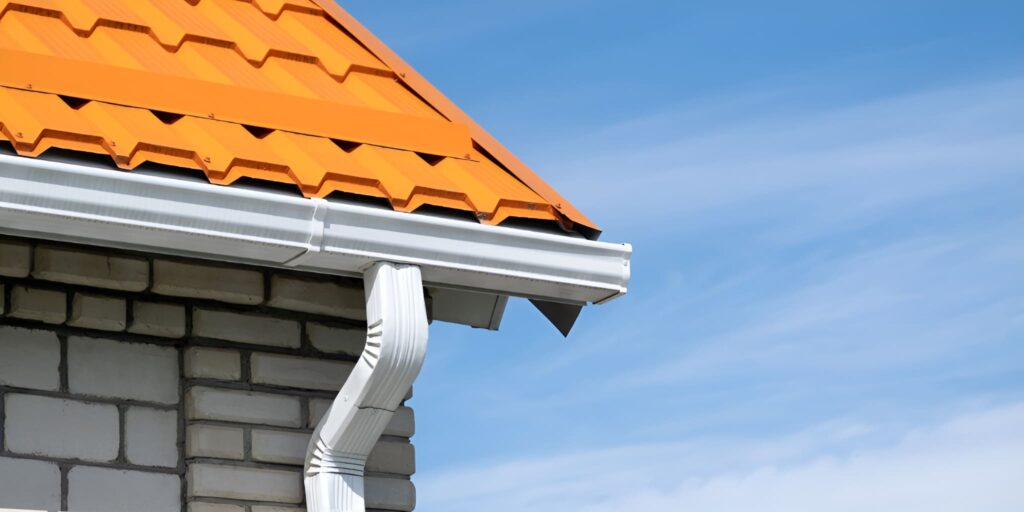 Clean gutter replacement with white aluminum gutters installed along a brick house roof for better drainage