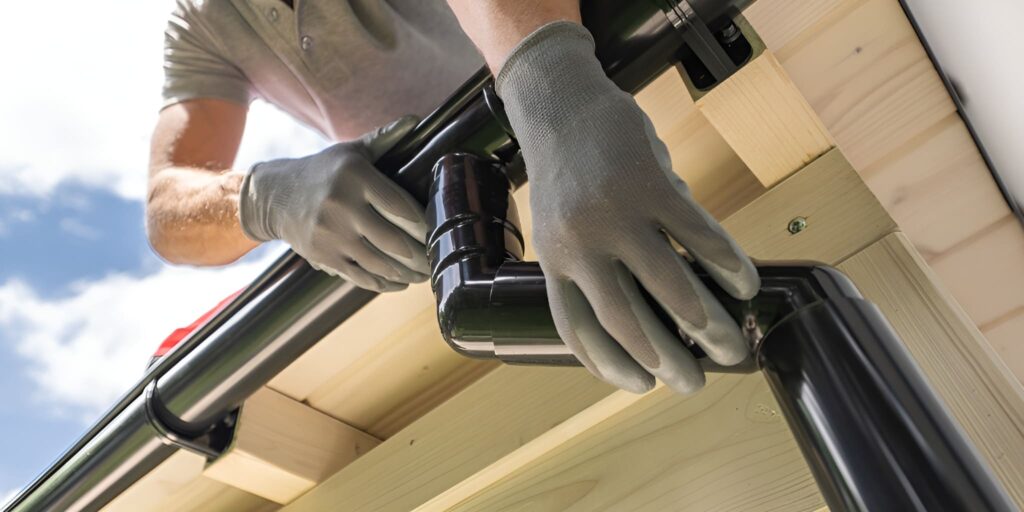 Professional gutter replacement as a technician installs new downspout connections for proper water flow control