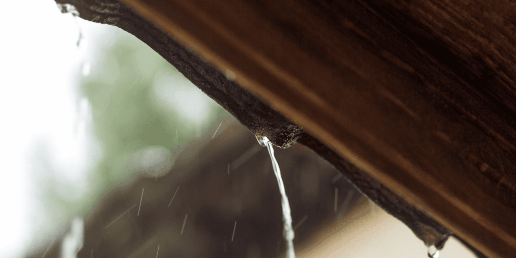 Close-up of water leaking from a wooden roof edge in rainfall, a clear sign of roof leak and moisture damage risk