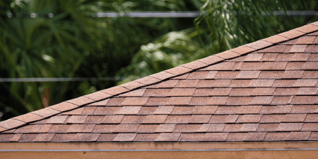 Brown shingle roof detail on a residential home with clean lines and well-aligned asphalt shingles