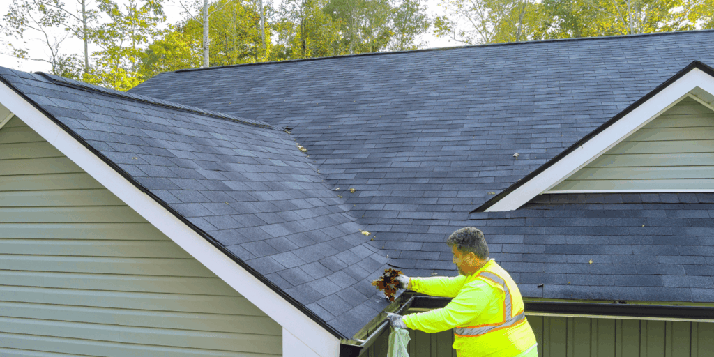 Worker removing leaves from gutters during shingle roof cleaning to prevent clogs and support regular roof maintenance