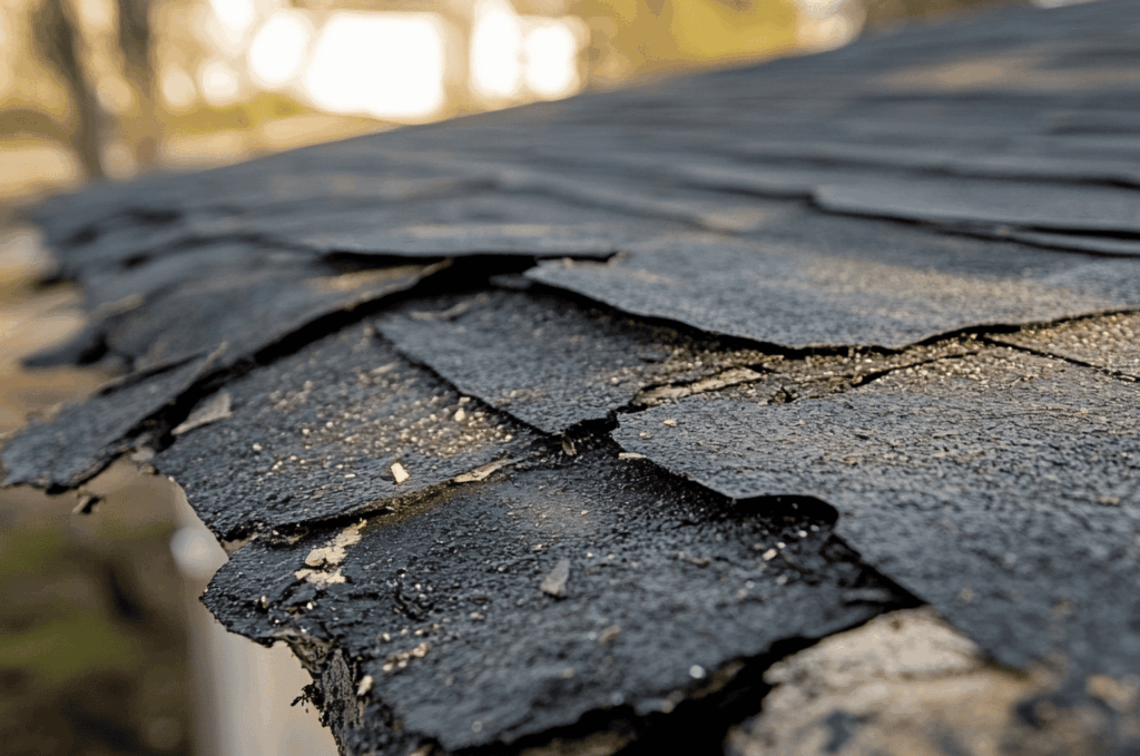 Damaged roof shingles lifting and cracking, a common cause of roof leakage on older roofs.