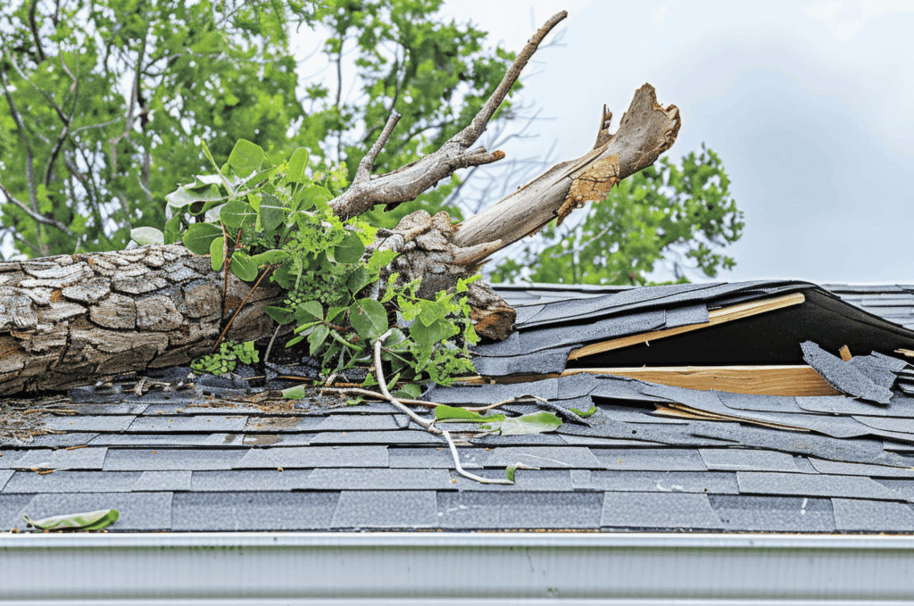 Large tree branch fallen onto a house roof, causing serious roof storm damage and broken shingles.