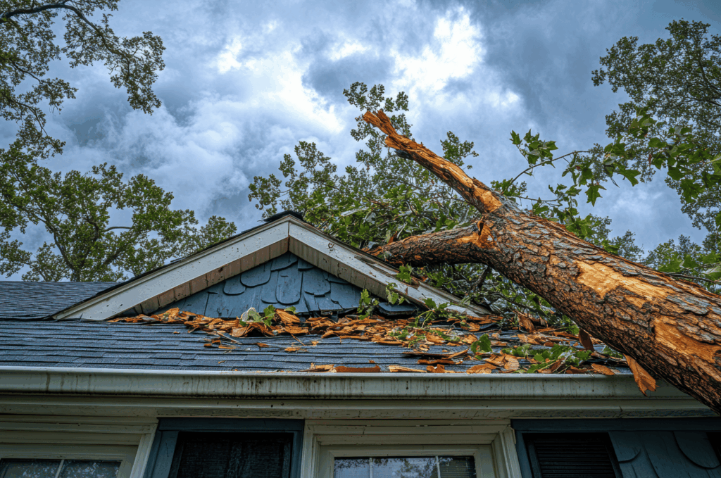 Heavy tree trunk collapsed onto a home during a storm, creating severe roof storm damage.