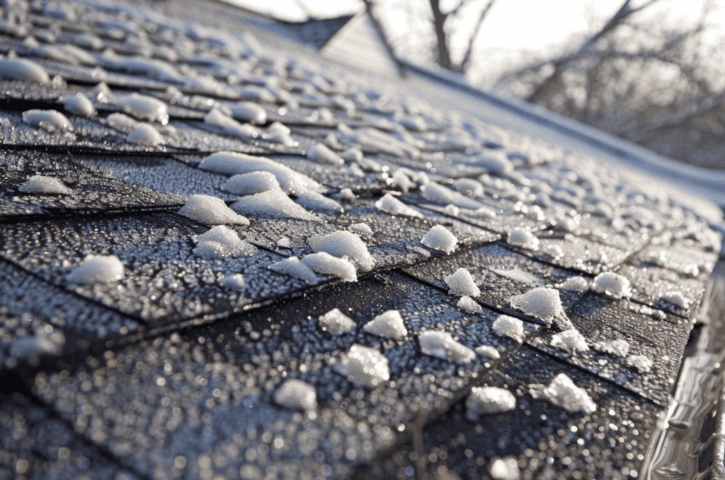 Snow and ice building up on roof shingles after winter weather, which can lead to roof storm damage.