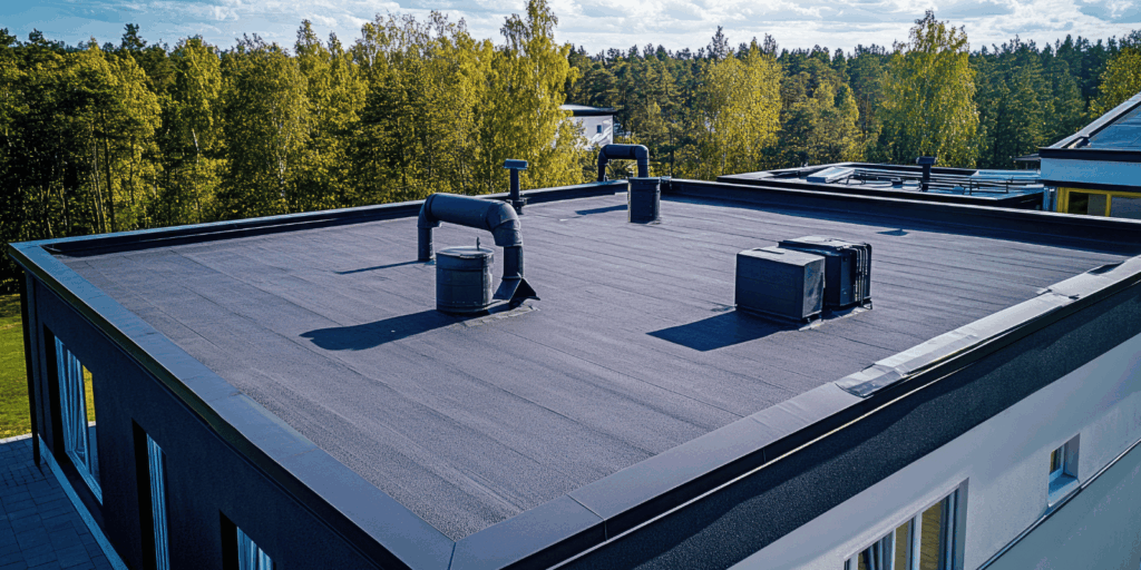  Modern residential building with a newly completed flat roof repair for improved protection and durability