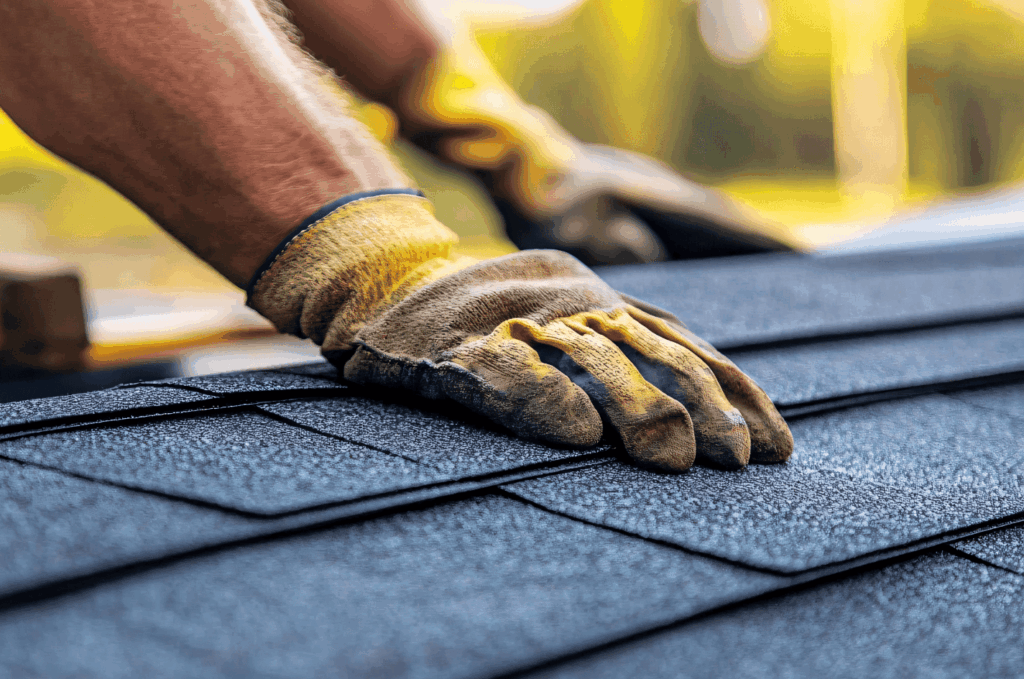 Contractor installing asphalt shingles by hand during a professional roof replacement to protect the home from weather.