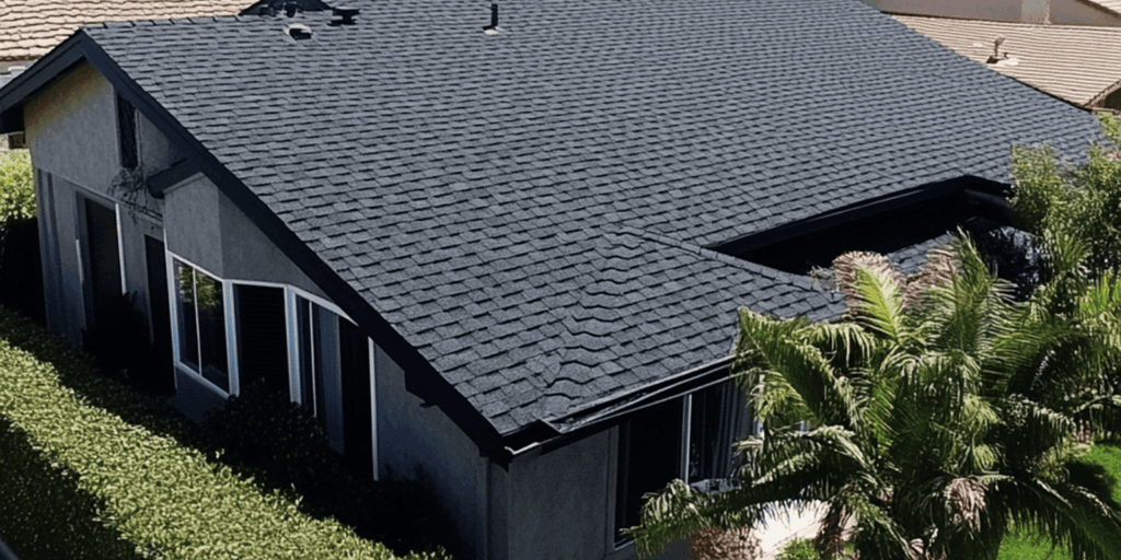 ​​Modern house with dark asphalt shingles showing a completed roof replacement designed for strength and weather protection.