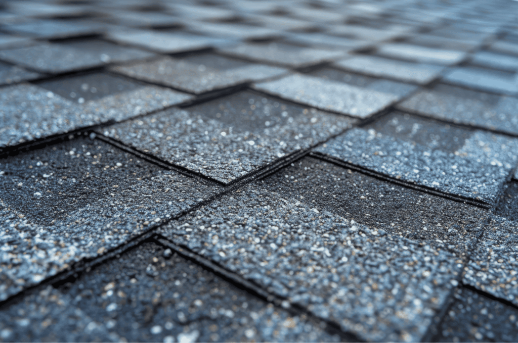 Close view of asphalt shingle roofing materials showing textured surface built to resist rain, wind, and outdoor conditions.