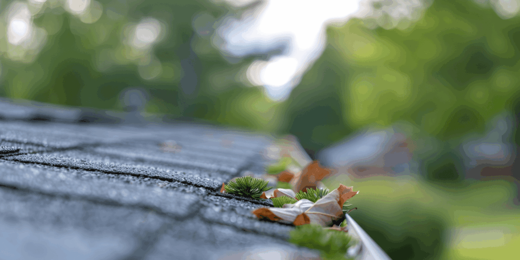 Spring roof maintenance is shown with cleaning the asphalt shingle roofs  with leaf and dirt.