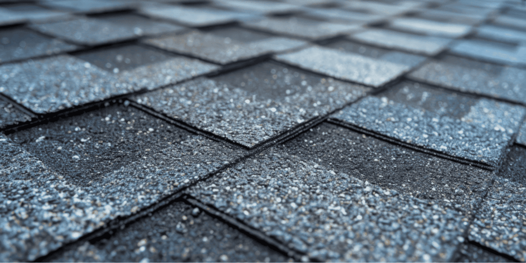 Close-up view of asphalt shingles during roof repair, showing proper alignment to help prevent leaks and wear