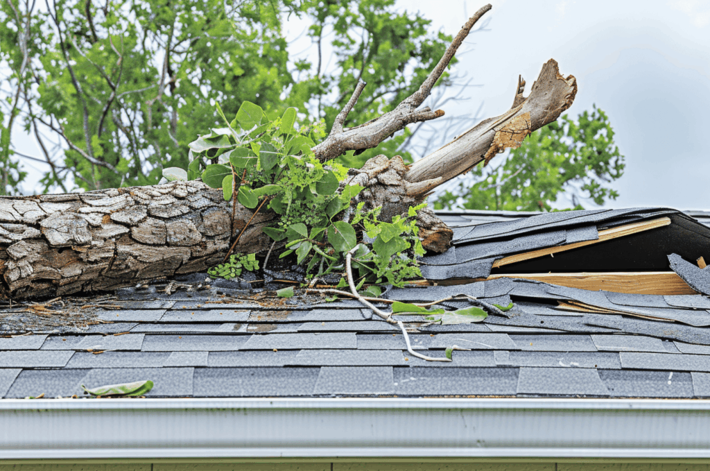 Roof repair needed after a fallen tree damaged shingles and exposed wood, creating a serious safety and leak risk