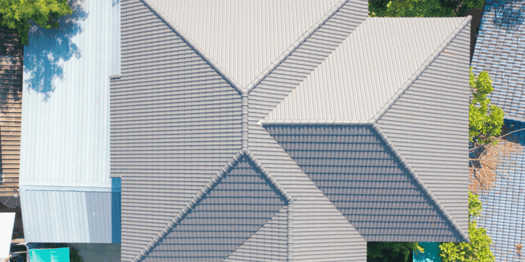 Detailed overhead view of a tiled roof taken during a drone roof inspection to spot damage and check roof lines