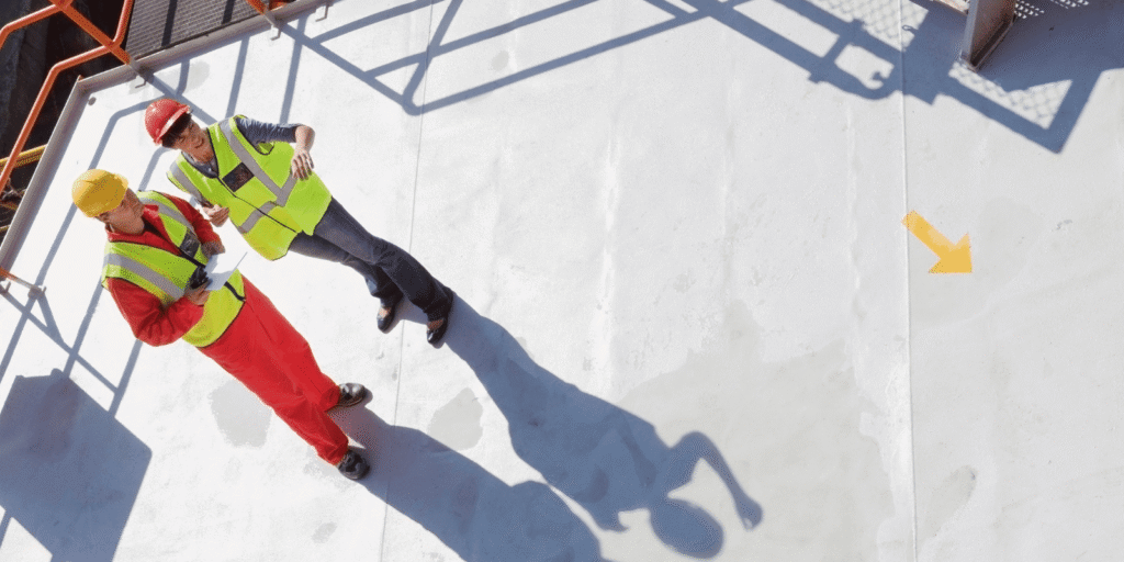 Workers inspecting a commercial flat roof surface to check for damage and ensure proper drainage and safety
