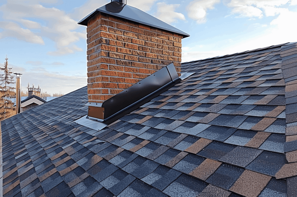 Roof installation around a chimney showing proper flashing that helps seal the area and prevent water leaks