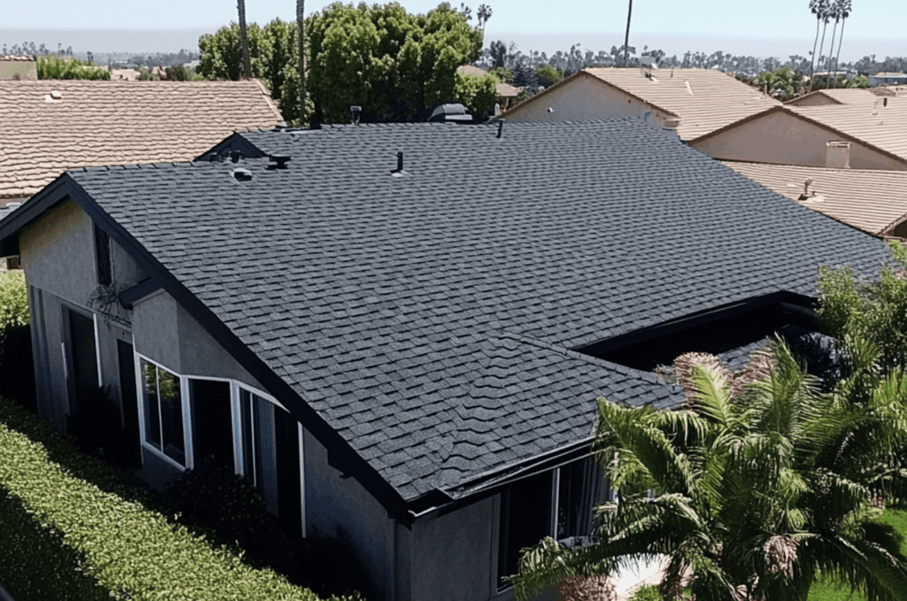 Completed roof installation on a residential home, providing full coverage and long-lasting protection from weather
