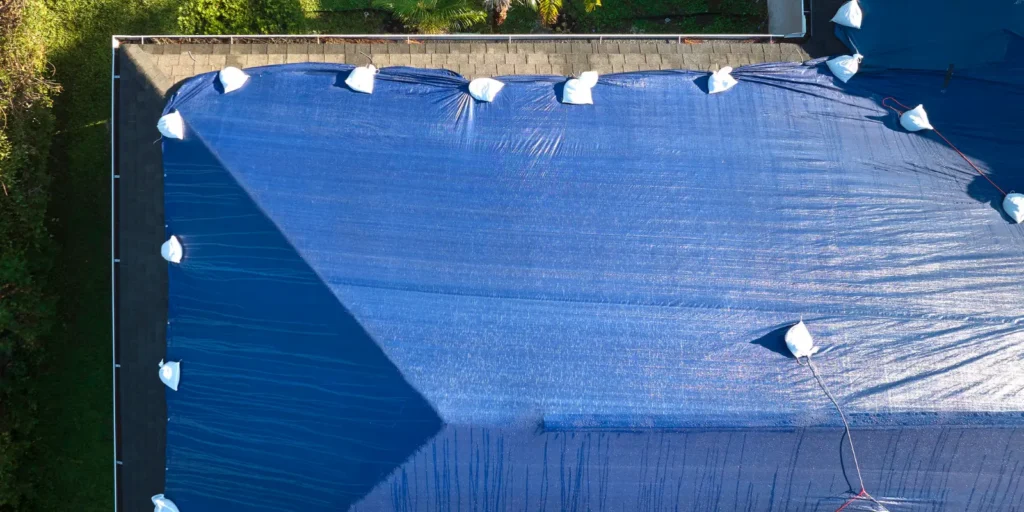 Blue roof tarping secured with sandbags across a residential roof for temporary storm damage protection