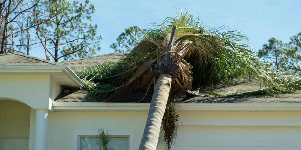 Tree falling to roof causing damage that needs fast roof repair and safe debris removal