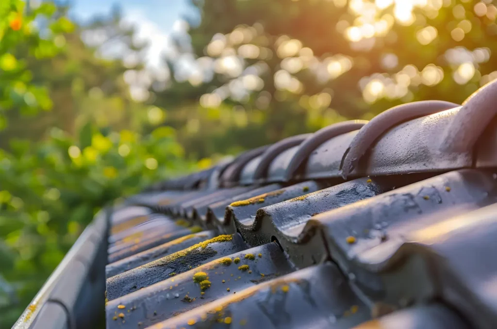 Close-up of roof tiles with moss growth, showing why regular roof cleaning helps prevent moisture buildup and damage