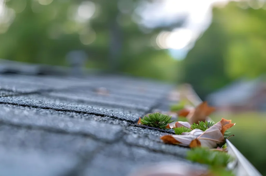 Leaves and debris collected on roof shingles, a common issue addressed through seasonal roof cleaning and maintenance