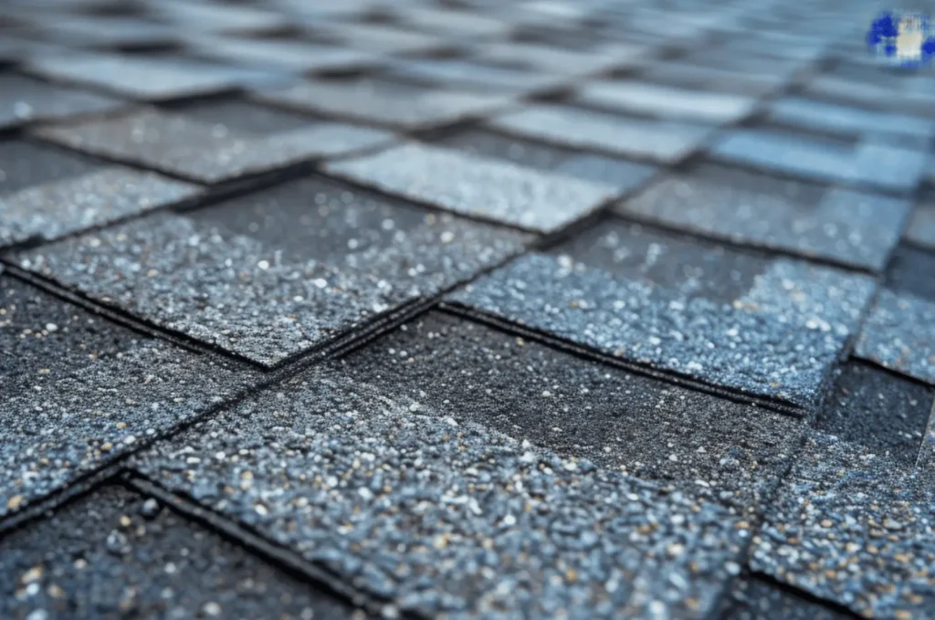 Close-up of asphalt shingles in good condition, often checked during an emergency roof repair after storm damage