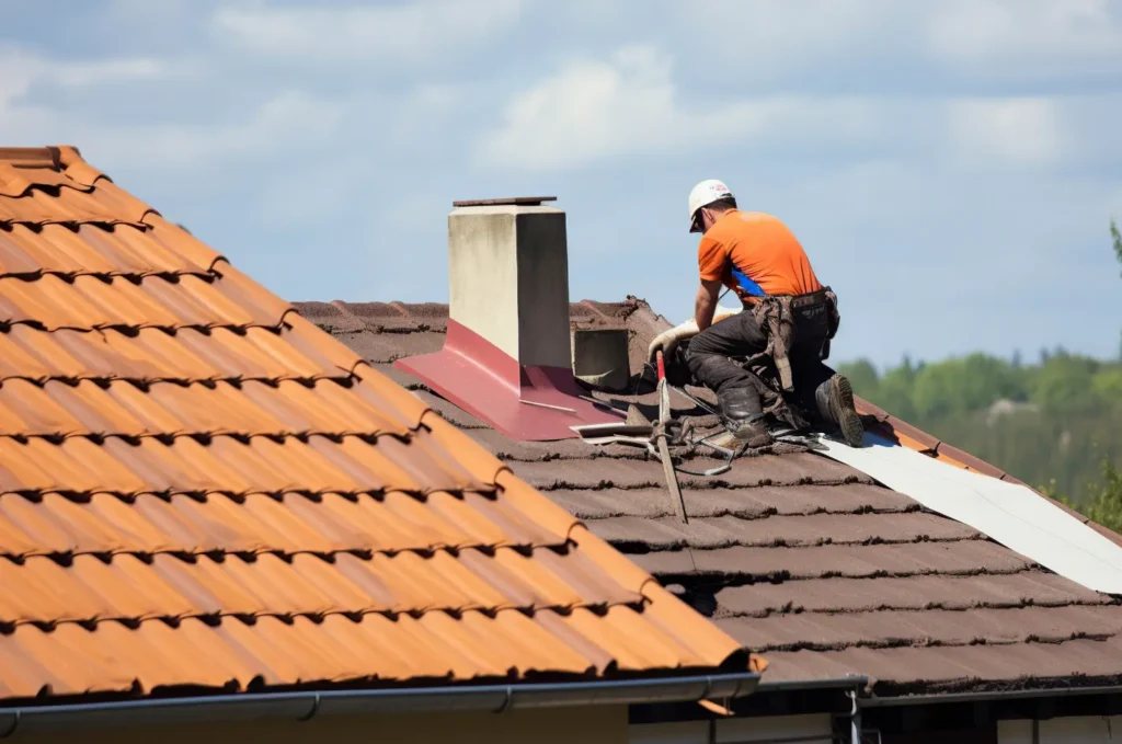 Roofing contractor performing roof damage repair around a chimney to help stop leaks and protect the home from water damage