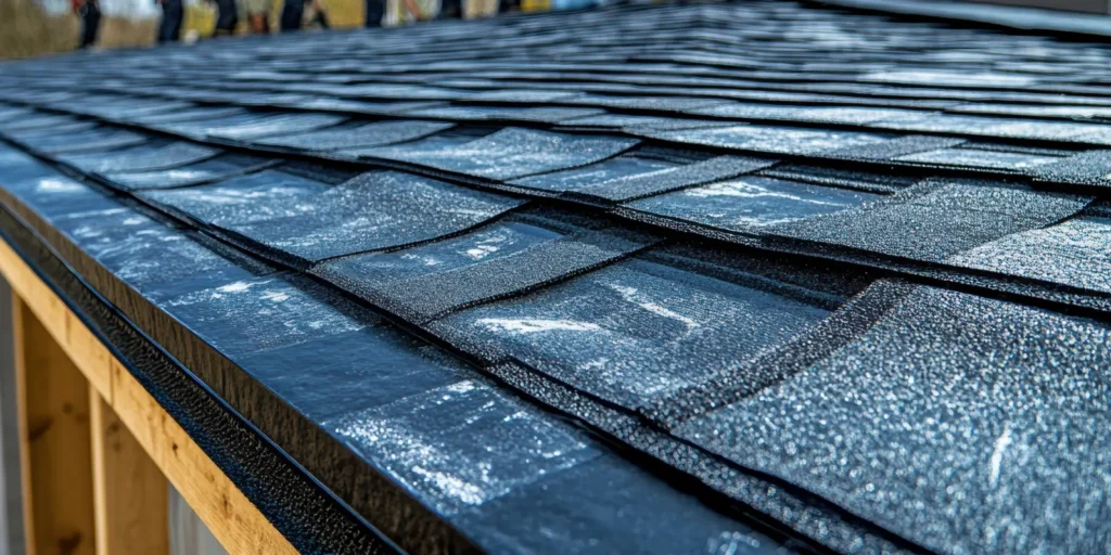 Close-up of asphalt shingles installed as part of a roof damage repair project to improve roof protection and durability