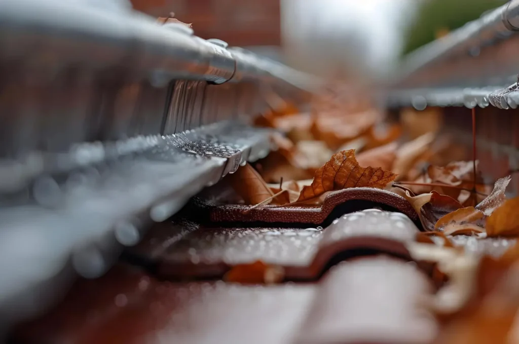 Water behind gutters visible along the roofline where runoff is not draining properly