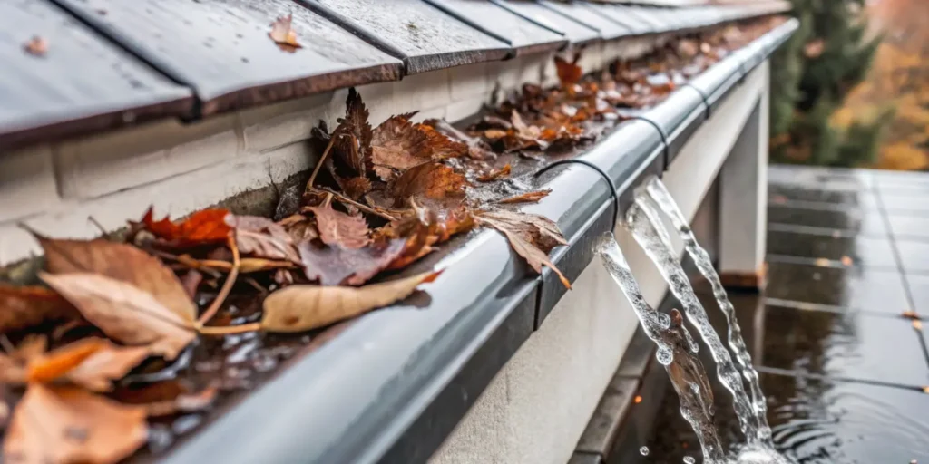 Water behind gutters collecting along the roof edge and causing moisture buildup near the fascia