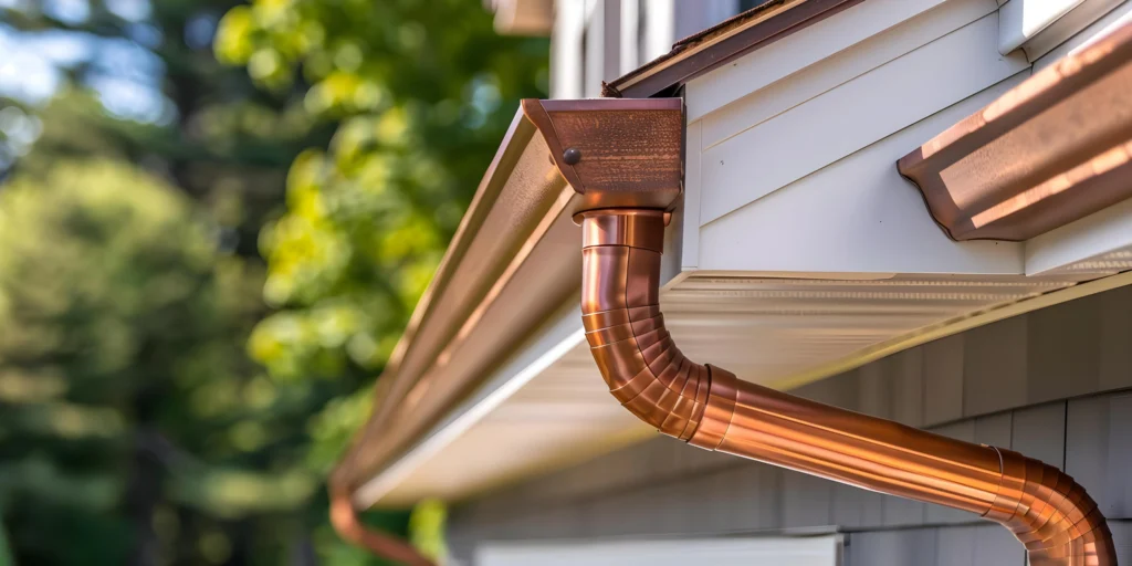 Copper gutters installed along the roof edge, adding durable drainage and a clean finish to the home