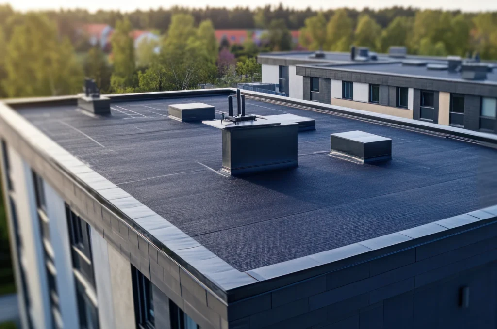 Standing water sits near the flat roof drainage area on a low-slope roof