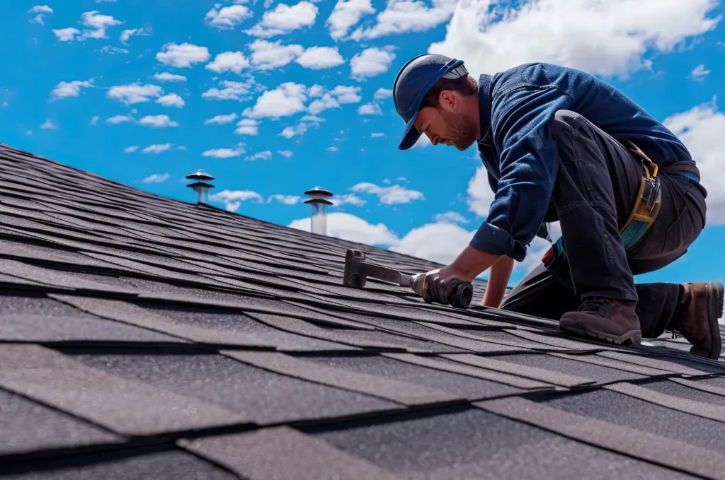 Roofing contractor inspecting and repairing a residential roof for damage and worn materials