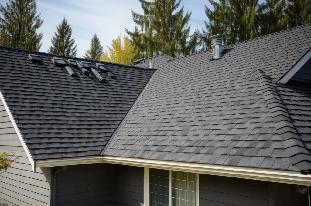 Roofing contractors completing roof installation work on a house using professional tools and equipment