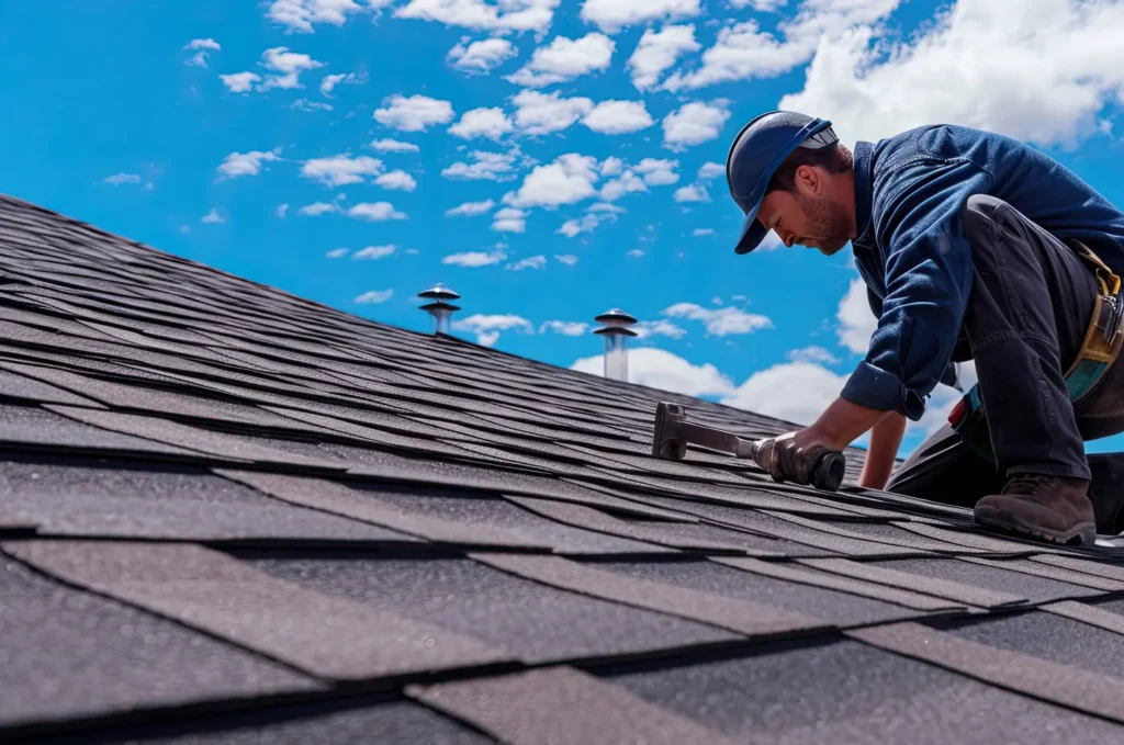 Licensed roofers working on an asphalt shingle roof during a residential roofing project