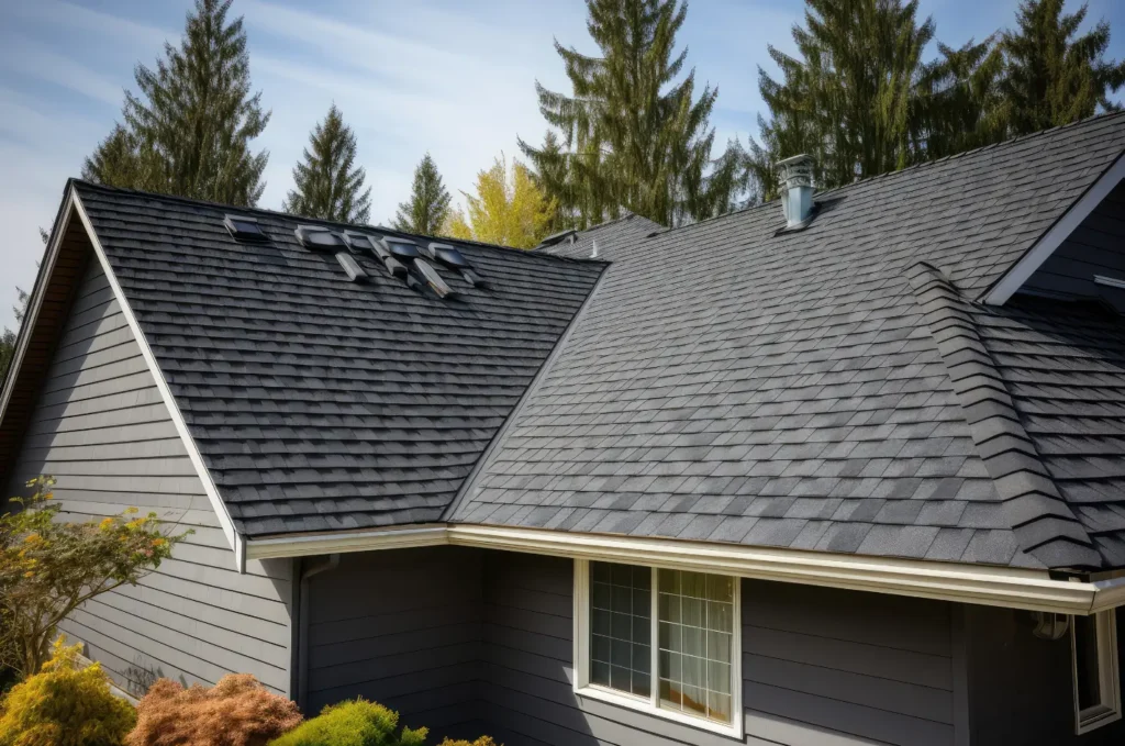 A finished asphalt shingle roof installed by licensed roofers on a residential home