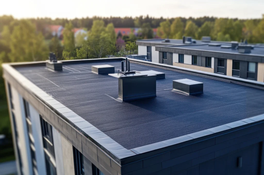 Modified bitumen roof material covering a commercial flat roof with a durable finished surface