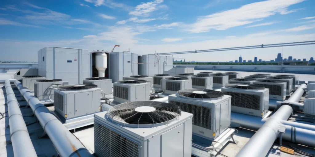  HVAC units installed on a commercial roof with clear space around the equipment