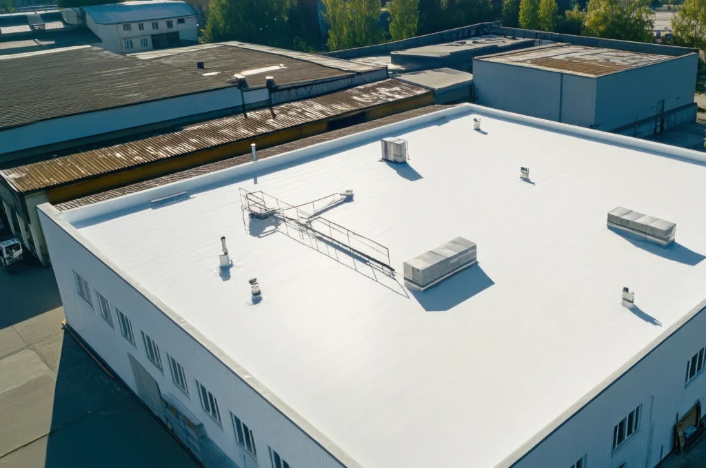 Commercial TPO roof showing a bright membrane surface around vents and rooftop units