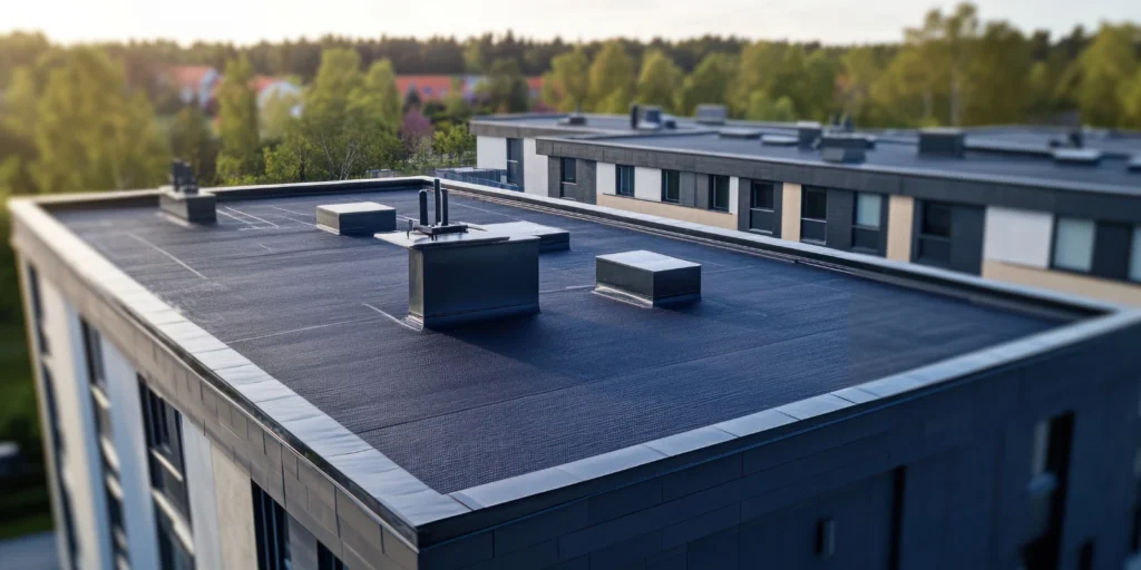  Commercial TPO roof covering a large flat building with a clean white membrane surface